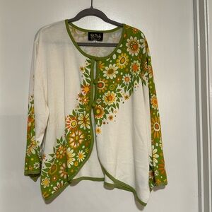 Bob Mackie Sweater Wearable Art Floral 70’s  Daisy Button Cardigan 3X